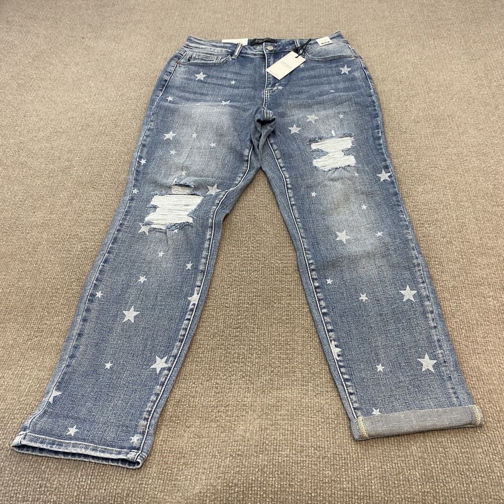 Judy Blue Boyfriend Jeans Womens 11/30 Blue Wash Mid Rise Distressed Boho Stars